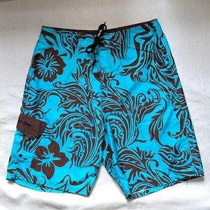 Maui and Sons Bright Blue and Brown Designs Board-shorts (Size: 32)